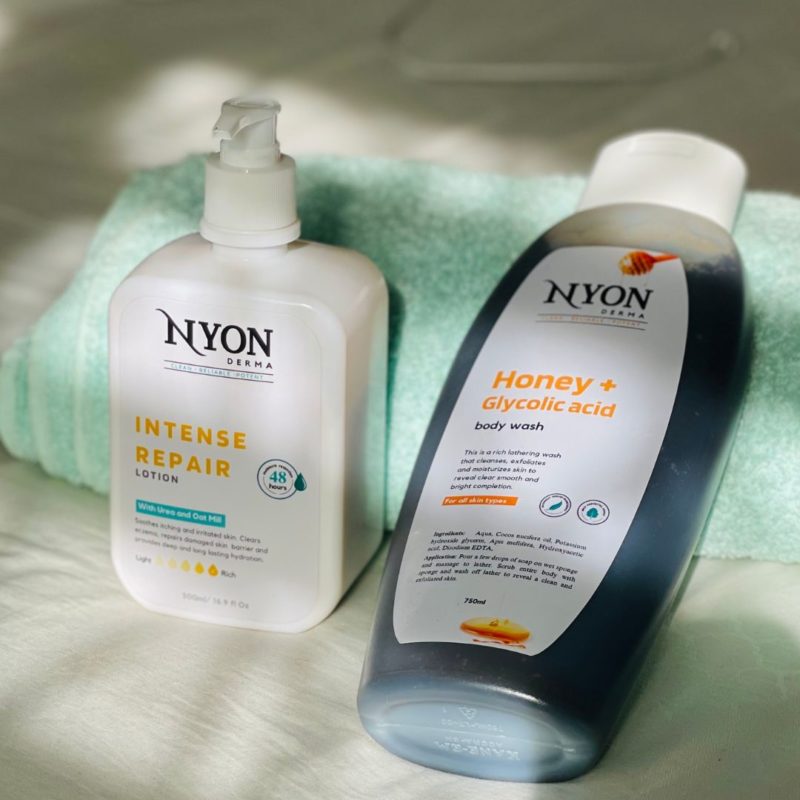 Combining the nyon derma intense repair lotion and the honey + glycolic acid body wash for healthy skin