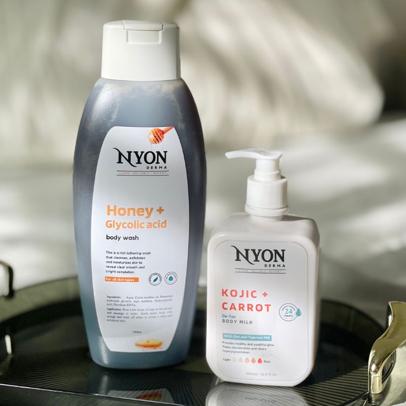 Combine the Nyon Kojic + Carrot Body lotion and the honey + glycolic acid body wash for healthy skin