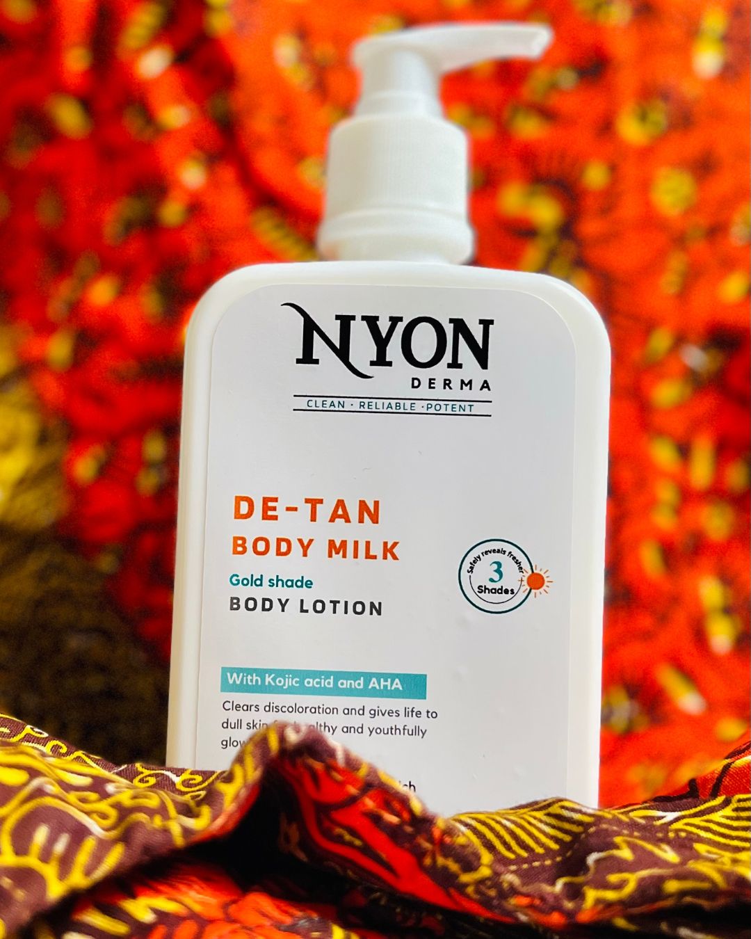 Nyon Derma De-Tan Body Milk Gold Shade for clearing hyperpigmentation and dark spots to reveal and even skin tone.